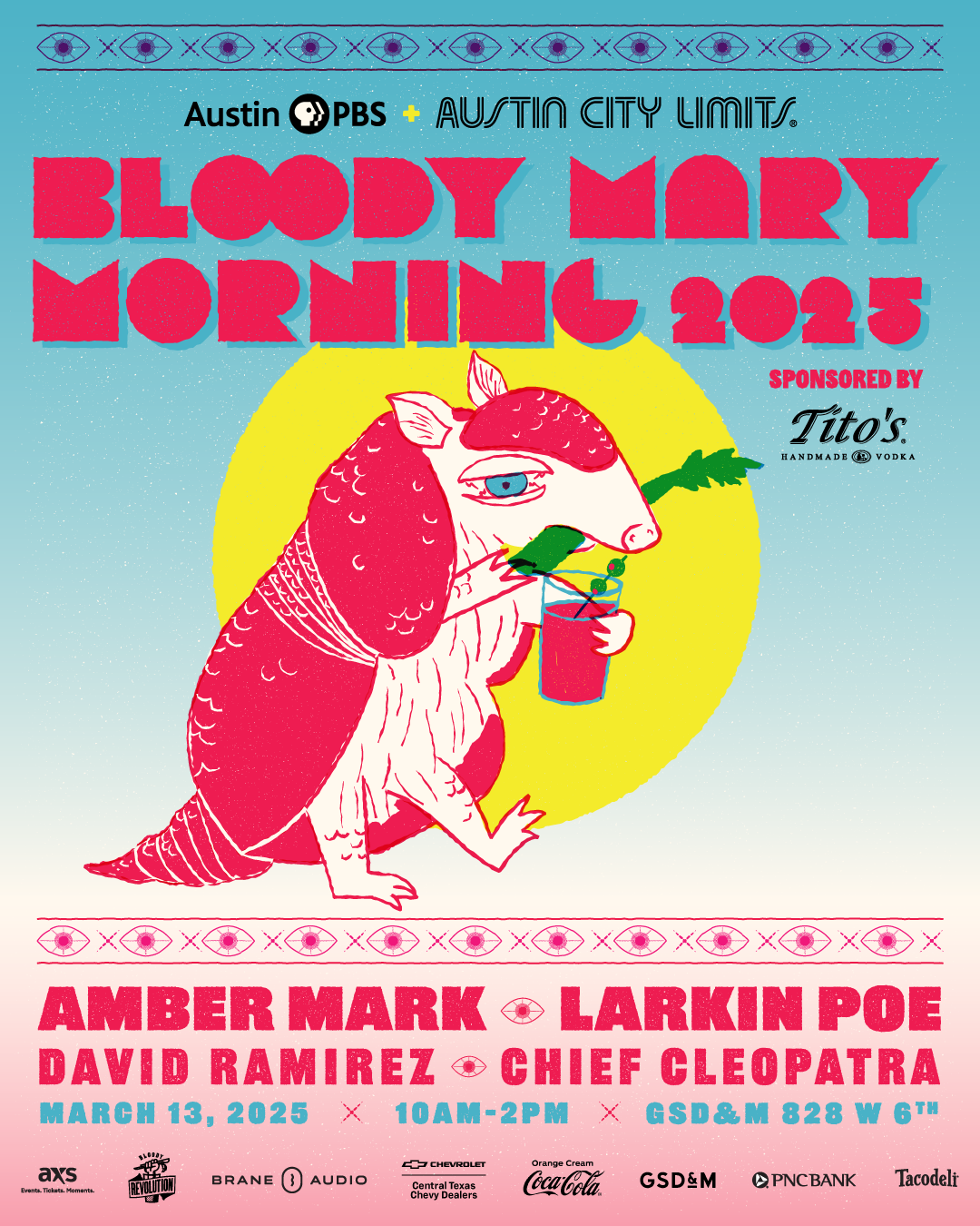 Poster for Bloody Mary Morning 2025 event. Poster shows an armadillo drinking a bloody mary