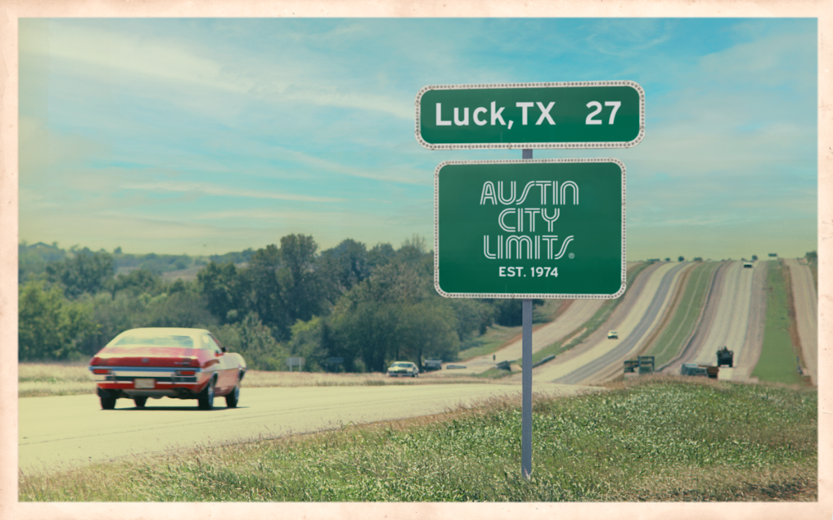 vintage postcard featuring car on country road with road sign "Austin City Limits"
